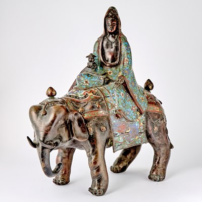 Lot 157 - Chinese Bronze and Champlevé Enamel Figure of Guanyin Astride an Elephant