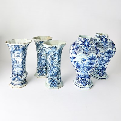 Lot 90 - Assembled Delft Tin-Glazed Earthenware Five-Piece Garniture