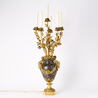 Lot 115 - Pair of Louis XVI Style Gilt-Bronze-Mounted Marble Six-Light Candelabra