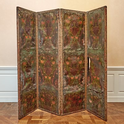 Lot 144 - Dutch Polychrome-Decorated Tooled Leather Dressing Screen