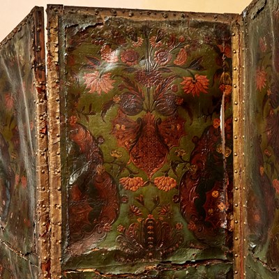 Lot 144 - Dutch Polychrome-Decorated Tooled Leather Dressing Screen