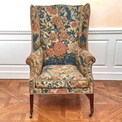 Lot 117 - George III Style Needlework-Upholstered Mahogany Wing Armchair