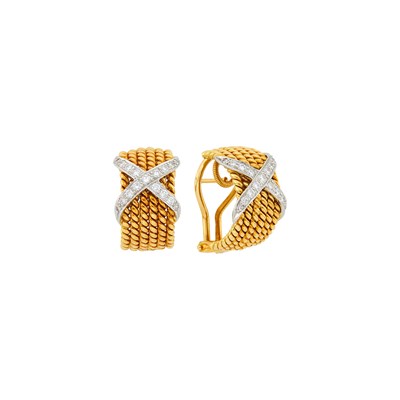 Lot 3 - Tiffany & Co., Schlumberger Pair of Gold, Platinum and Diamond 'Rope Six-Row' Half-Hoop Earrings