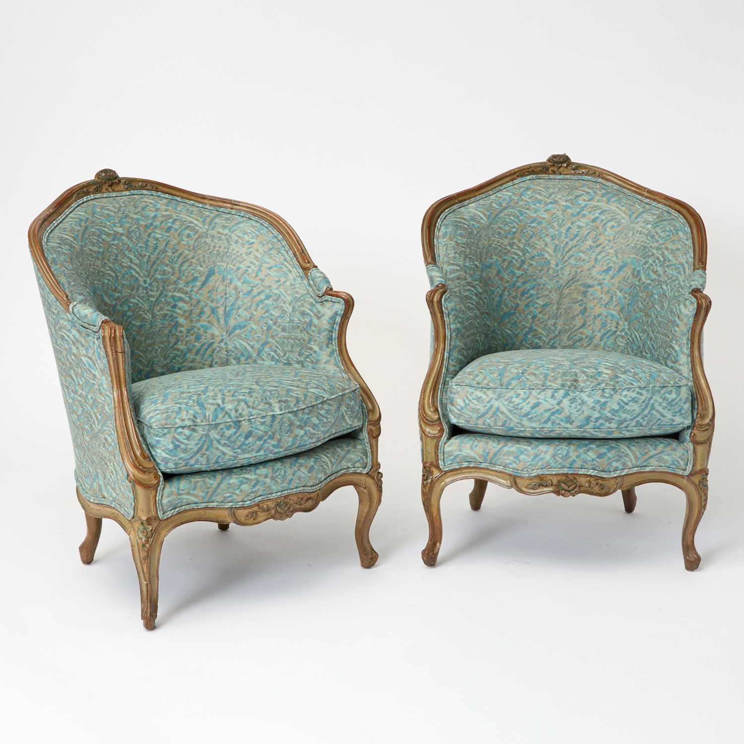 Lot 406 - A Pair of Louis XV Carved and Painted Bergères