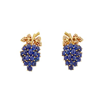 Lot 2329 - Tiffany & Co. Pair of Gold, Cabochon Sapphire and Diamond Grape Leaf Earrings