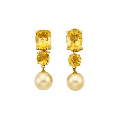 Lot 1055 - Pair of Gold, Citrine and Golden Cultured Pearl Earrings