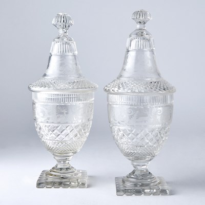 Lot 166 - Pair of Continental Cut-and Wheel-Engraved Blown Glass Covered Urns