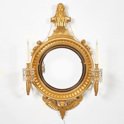 Lot 134 - Fine Regency Giltwood and Ebonized Convex Girandole Mirror