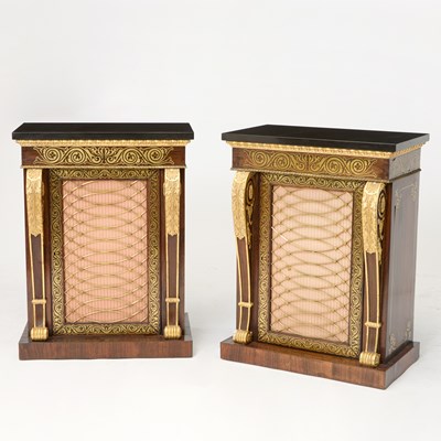 Lot 153 - Pair of Regency Brass-Inlaid Rosewood and Parcel-Gilt Side Cabinets