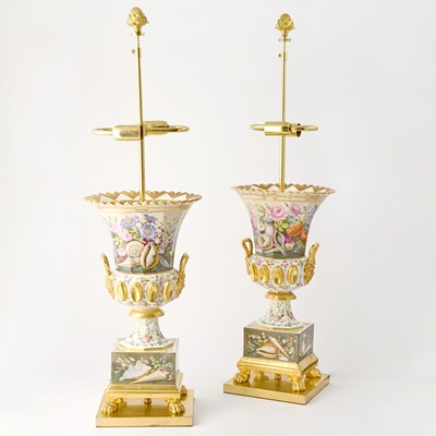 Lot 85 - Pair of French Painted and Parcel-Gilt Porcelain Urns