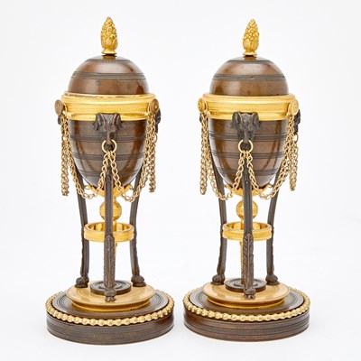 Lot 90 - Pair of French Empire Patinated Bronze and Ormolu Cassolettes