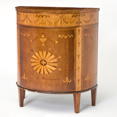 Lot Irish George III Harewood, Sycamore, Ebonized and Marquetry Demilune Cabinet