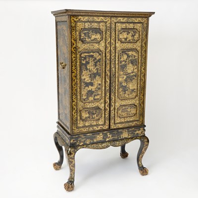 Lot Chinese Export Gilt and Black Lacquered Cabinet on Stand