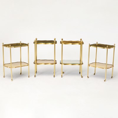 Lot 122 - Four Regency Style Gilt Brass and Chinoiserie Decorated Yellow Lacquer Two-Tier Occasional Tables