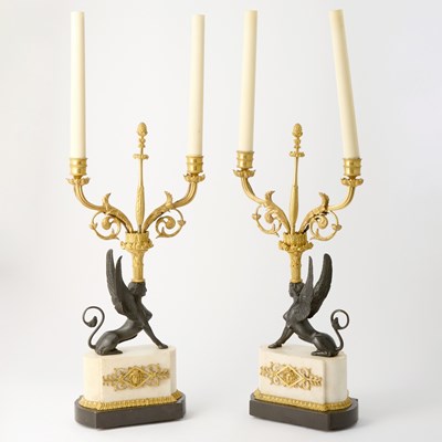 Lot Pair of Style Ormolu, Patinated Bronze, and Marble Two-Light Candelabra