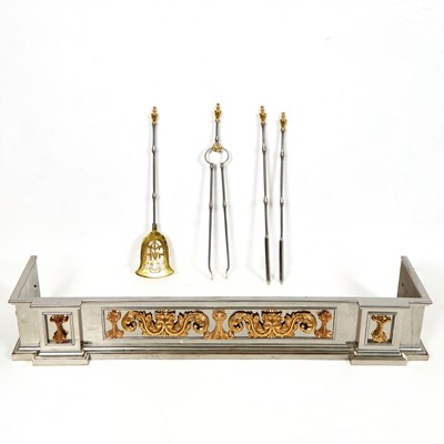 Lot 77 - English Steel and Gilt Brass Fireplace Fender with Tools