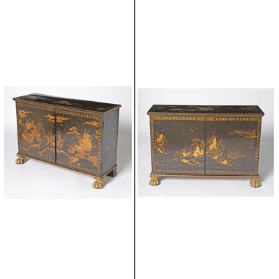 Lot 150 - Pair of Regency Chinoserie Decorated Black and Gold Lacquered Side Cabinets