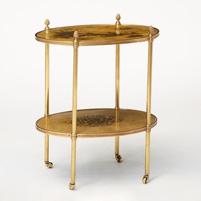 Lot 105 - Regency Style Chinoiserie Lacquer and Brass Two-Tier Oval Table