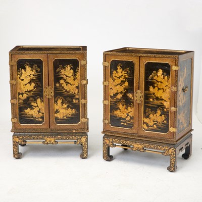 Lot Pair of Japanese Gilt and Black Lacquered Cabinets on Stands