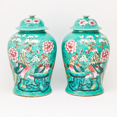 Lot Pair of Chinese Enameled Porcelain Baluster Jars and Covers