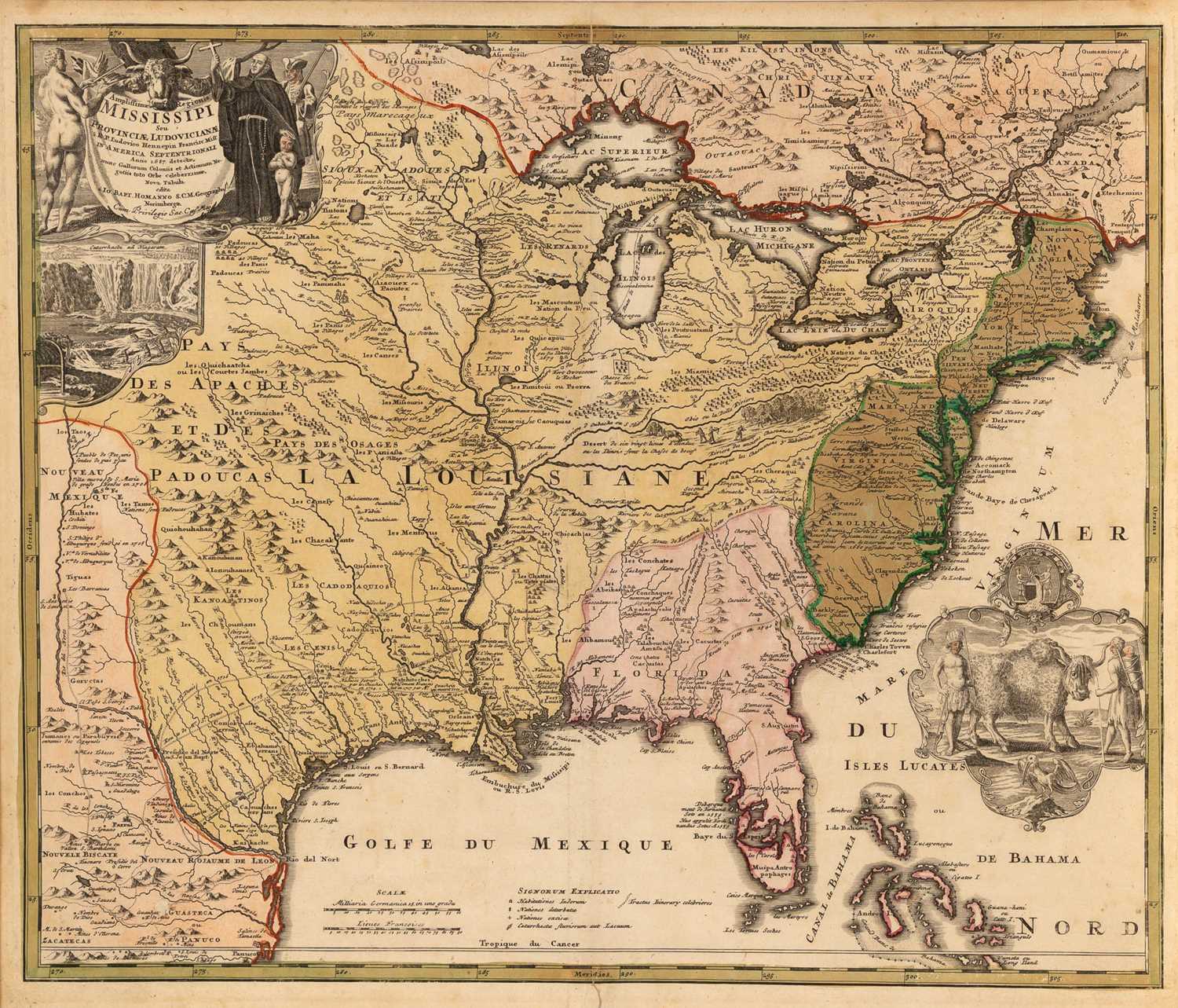 Lot 80 - Hohmann's Map of Mississippi, based on reports from the voyages of Jesuit missionary Louis Hennepin