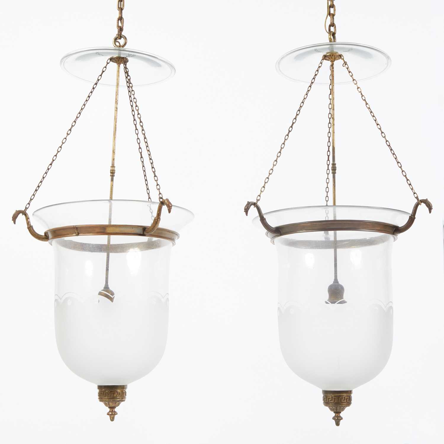 Lot 148 - Pair of Neoclassical Style Gilt-Metal Mounted Clear and Frosted Glass Hall Lanterns