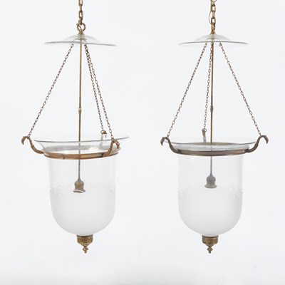 Lot 148 - Pair of Neoclassical Style Gilt-Metal Mounted Clear and Frosted Glass Hall Lanterns