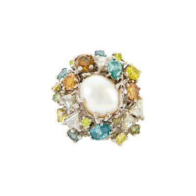 Lot 1171 - Arthur King White Gold, Semi-Baroque Freshwater Pearl, Treated Colored Diamond and Diamond Ring