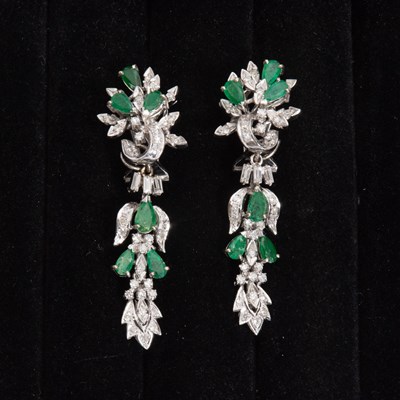 Lot 291 - Pair of 18KT White Gold, Jade, and Diamond Pendant Earrings