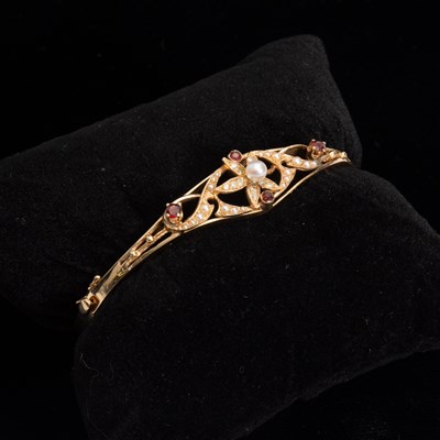 Lot 296 - 14KT Gold Garnet, Diamond, Cultured and Seed Pearl Bangle