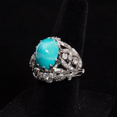 Lot 297 - 18KT White Gold, Turquoise and Diamond Ring