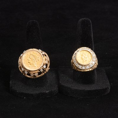 Lot 303 - Two 14KT Gold, Diamond, and Coin Rings