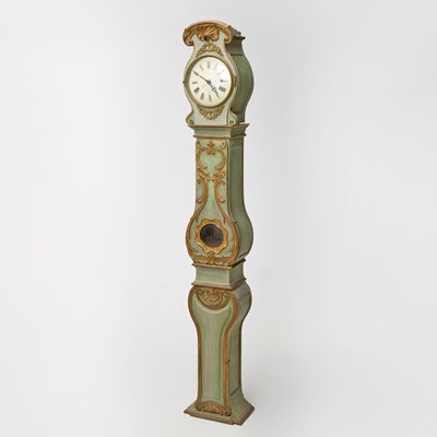 Lot 80 - Swedish Mora Green-Painted and Parcel-Gilt Longcase Clock