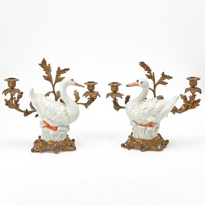 Lot 205 - Pair of Chinese Gilt-Metal Mounted Porcelain Swans