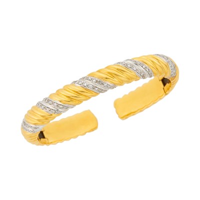 Lot 84 - Two-Color Fluted Gold and Diamond Bangle Bracelet