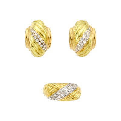 Lot 1064 - Two-Color Gold and Diamond Ring and Pair of Hoops