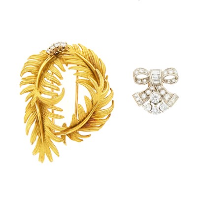 Lot 1096 - Gold and Diamond Clip-Brooch and Platinum and Diamond Bow Single Earring