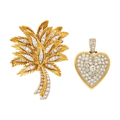 Lot 1235 - Two-Color Gold and Diamond Heart Enhancer Pendant and Palm Tree Brooch