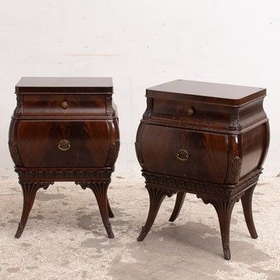 Lot 340 - Pair of Mahogany Bombe-Style Bedside Dressers