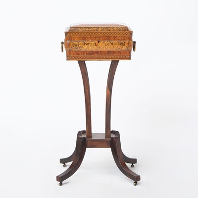 Lot 472 - Regency Rosewood, Penwork and Parquetry Sewing Box on Stand