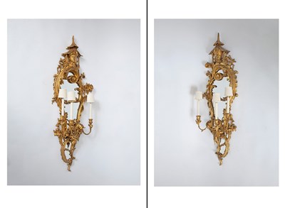 Lot Pair of Rococo Style Three-light Mirrored Wall Sconces