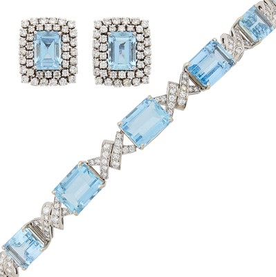 Lot 53 - White Gold, Aquamarine and Diamond Bracelet and Pair of Earclips