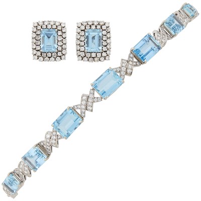 Lot 53 - White Gold, Aquamarine and Diamond Bracelet and Pair of Earclips