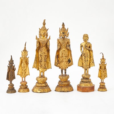 Lot 491 - Group of Six Thai Gilt-Bronze Buddhas