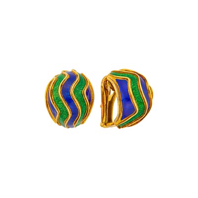 Lot 147 - Tiffany & Co. Pair of Gold and Blue and Green Enamel Bombé Earclips