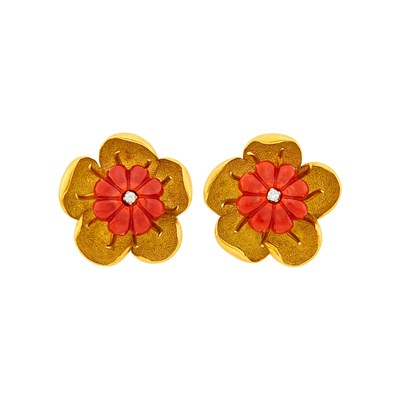 Lot 94 - Tiffany & Co. Pair of Gold, Carved Coral and Diamond Flower Earclips