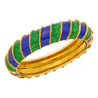 Lot 146 - Tiffany & Co. Gold and Blue and Green Enamel Bombé Bangle Bracelet