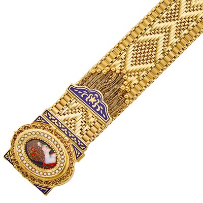 Lot 1111 - Gold, Enamel and Split Pearl Bracelet-Watch