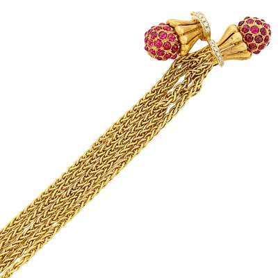 Lot 1234 - Five Strand Gold, Cabochon Ruby and Diamond Chain Link Bracelet