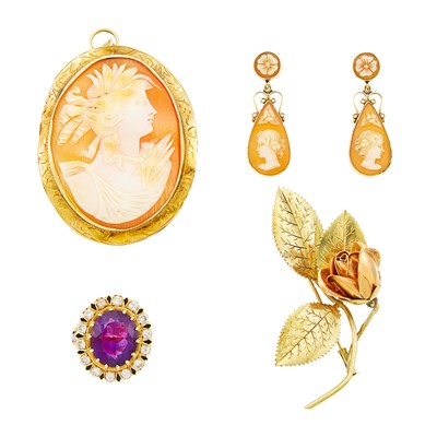 Lot 1285 - Two-Color Gold Rose Brooch and Amethyst, Black Enamel and Diamond Ring and Gilt-Metal and Shell Cameo Brooch and Pair of Pendant-Earrings